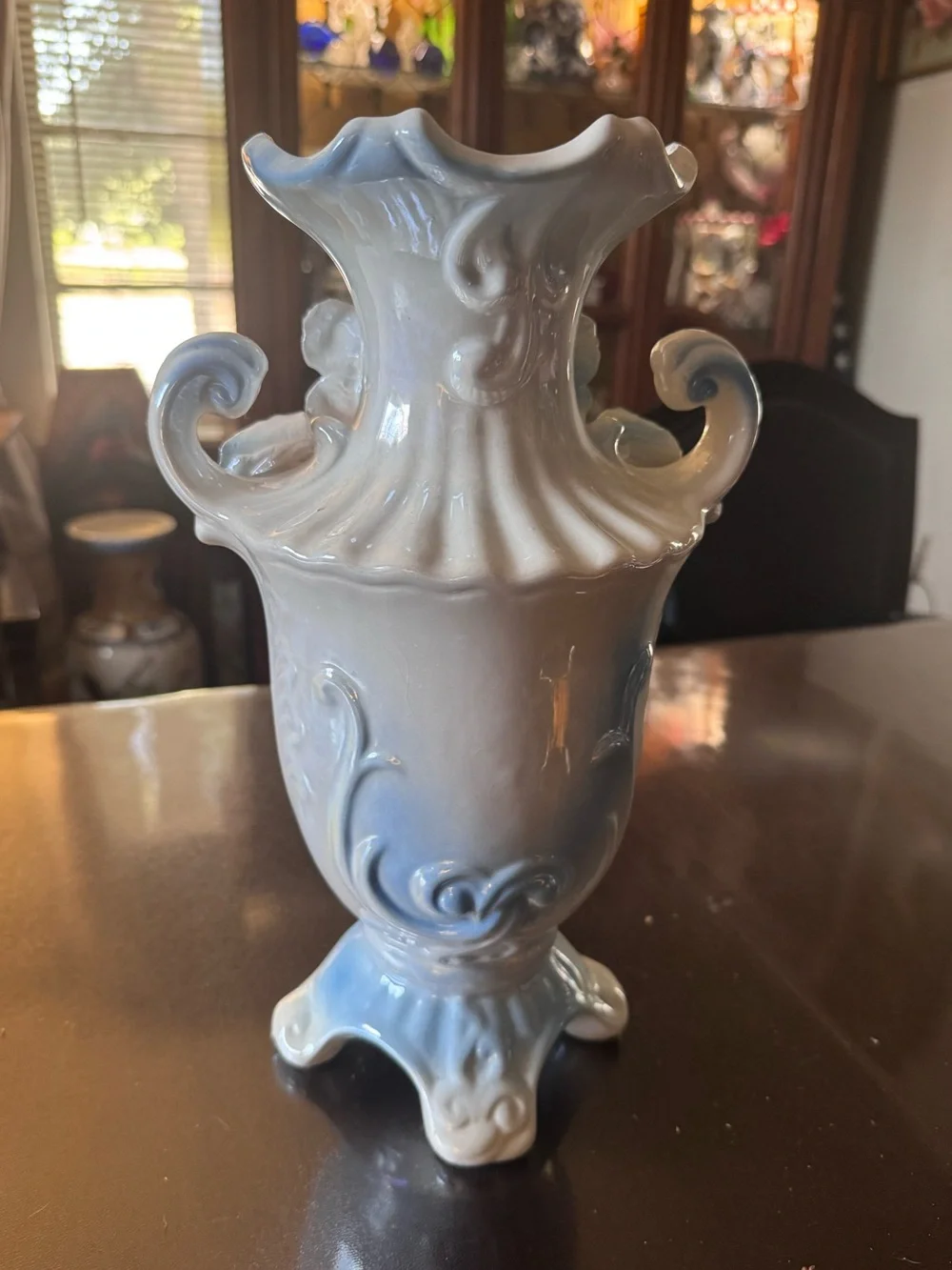 Blue Porcelain Floral Accent Vase with Yellow and Pink Flowers